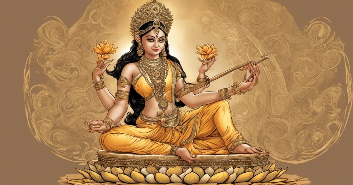 The goddess Gayatri, the Mother of the Vedas, is the source of divine wisdom. She is often depicted sitting on a lotus blossom.