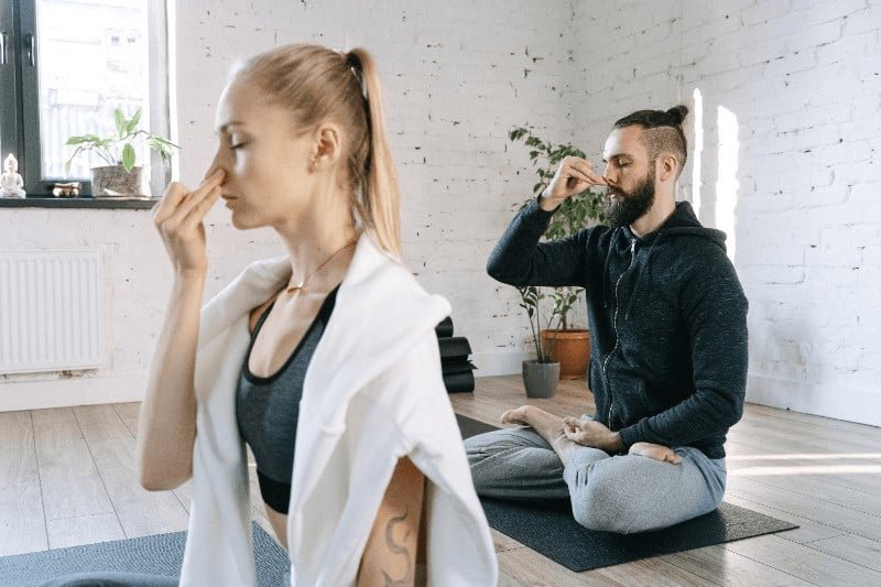 Pranayama practices such as Nadi Shodhana (alternate nostril breathing, shown here), help balance the energies of the body.