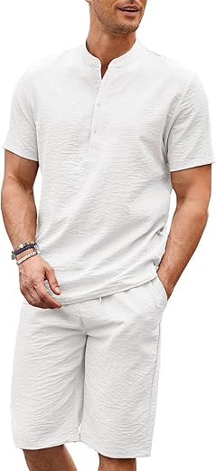 COOFANDY Men's Linen Henley Shirt Set