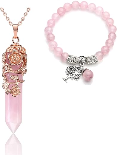 Rose Quartz Crystal Necklace and Bracelet Bundle