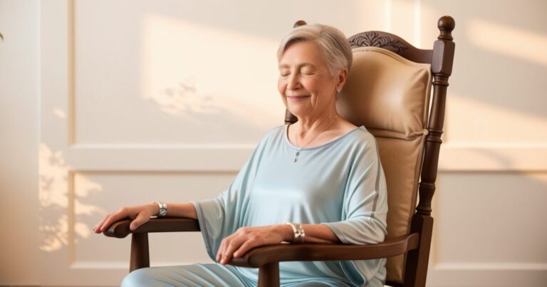 Person sitting in the chair representing chair yoga for seniors.