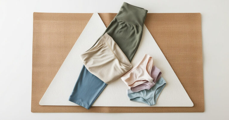 The image shows a neatly arranged set of clothing items on a textured mat. The items include a pair of green leggings, a pair of beige leggings, and a pair of blue leggings, all stacked on top of each other. To the right of the leggings, there are three pairs of underwear in pastel colors: pink, lavender, and light blue. The mat underneath has a triangular white section in the center, with the rest of the mat being a natural brown color. This image is interesting as it showcases a minimalist and aesthetically pleasing arrangement of clothing items, possibly for a promotional or catalog purpose.