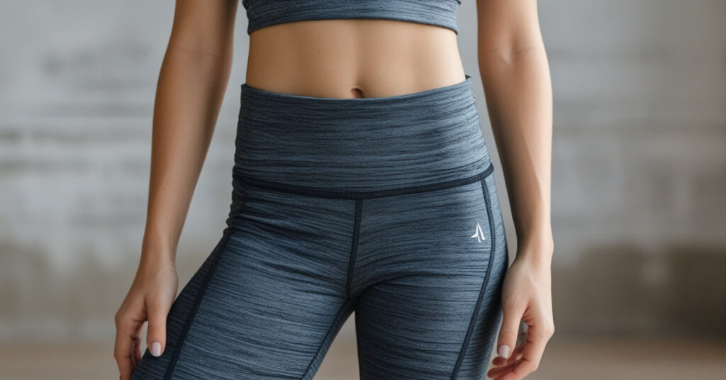 The image shows a cropped view of a person's midsection wearing a matching athletic outfit. The person is dressed in a dark gray, heathered sports bra and high-waisted leggings, emphasizing the design and fit of the attire. The leggings feature a small white logo on the left hip. This focuses on the stylish and functional aspect of the athletic wear.