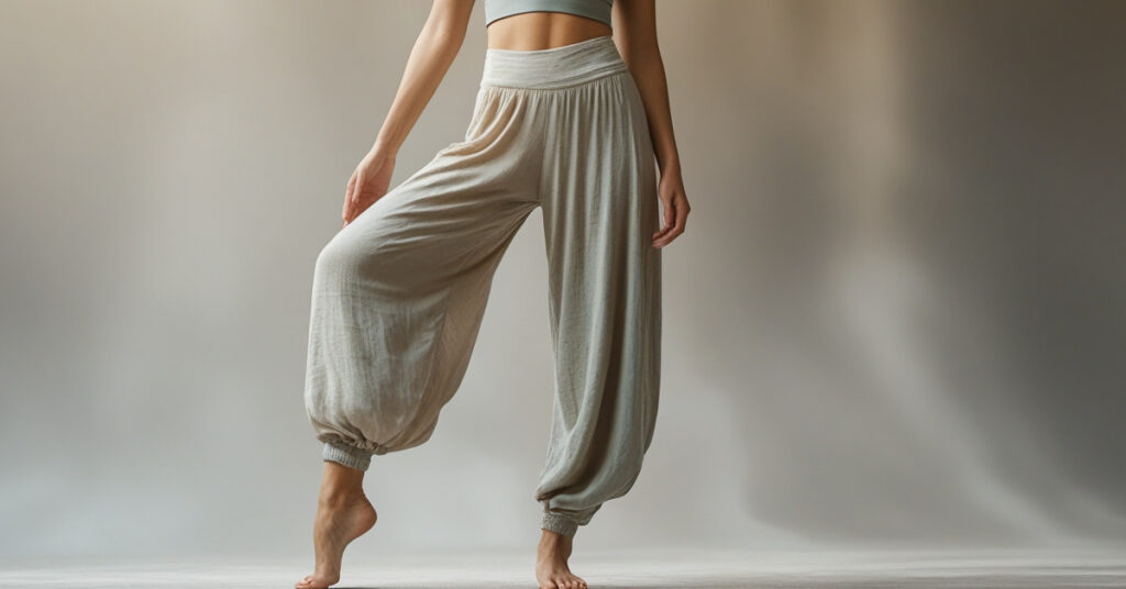 The image shows a person wearing loose, light-colored yoga pants. They have a wide waistband and a relaxed fit that tapers at the ankles with elastic cuffs. The person is standing on one foot, with the other foot slightly raised, and arms relaxed at the sides. The background features a gradient of soft, neutral tones, creating a calm and serene atmosphere.