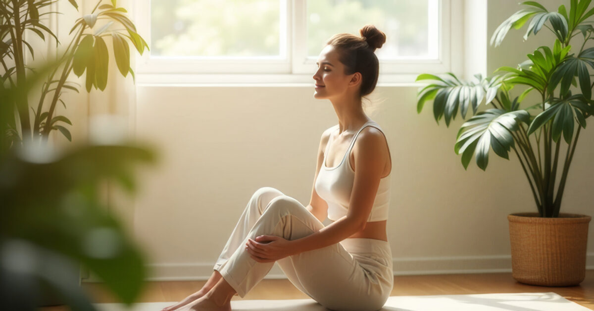 The image shows a person sitting on a yoga mat in a well-lit room with large windows. The person is dressed in light-colored athletic wear and appears to be in a relaxed, seated position with legs bent and hands resting on the knees. The room is decorated with several green plants, adding a natural and calming atmosphere to the scene.