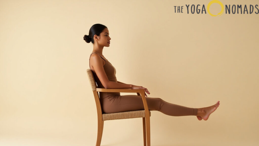 The image shows a person performing a chair yoga pose, which is particularly beneficial for people with limited mobility. The individual is seated on a wooden chair with woven seating, wearing a brown, form-fitting outfit. The person is sitting upright with one leg extended straight out in front, parallel to the ground, while the other leg remains bent at a 90-degree angle with the foot flat on the floor. The arms are relaxed and resting on the chair's armrests. The background is a plain, light beige color, and the text "THE YOGA NOMADS" is visible in the upper right corner of the image. This pose is interesting and relevant as it demonstrates a yoga exercise that can be performed by individuals who may have difficulty with traditional yoga poses due to mobility issues.