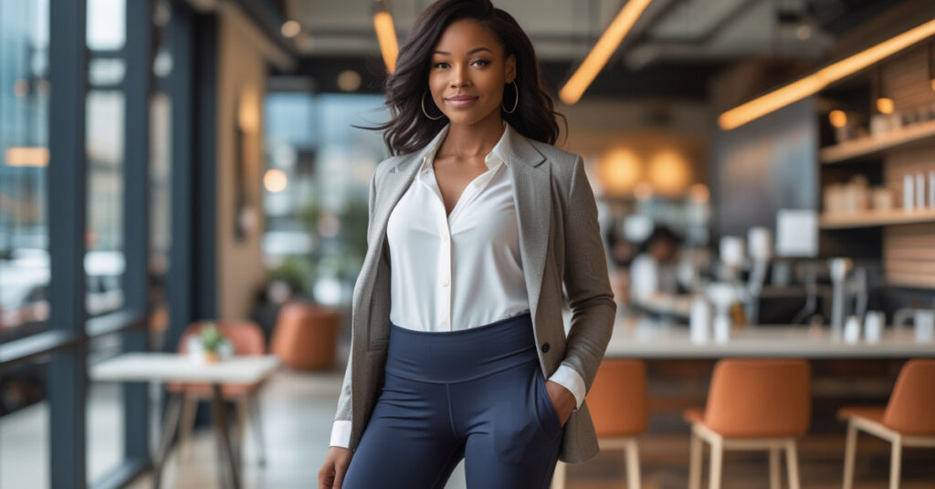 The image shows a person standing in a modern, well-lit indoor setting that appears to be a café or a co-working space. The person is dressed in business casual attire, wearing a grey blazer, a white button-up shirt, and navy blue pants. The background includes tables, chairs, and large windows, with a blurred view of other people and the interior space.