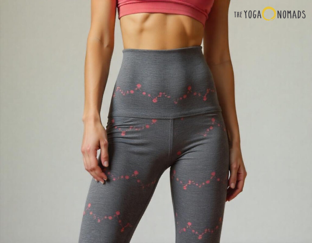 The image shows a person wearing high-waisted yoga pants and a cropped top. The yoga pants are grey with a pattern of small pink dots connected by lines, creating a design that runs across the waistband and down the legs. The cropped top is pink and fits snugly around the chest. This image showcases a specific type of yoga pants, which are high-waisted and designed for comfort and flexibility during yoga practice.