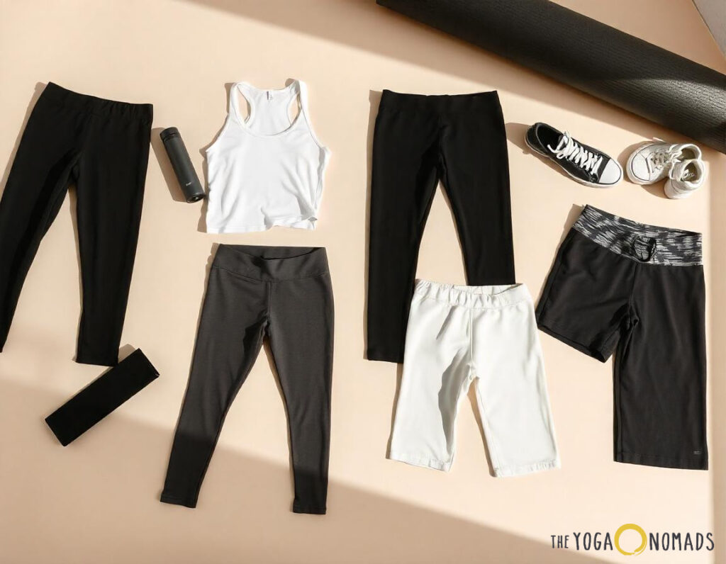 The image shows a collection of yoga and workout clothing and accessories laid out on a light-colored surface. The items include two pairs of black leggings, one pair of gray leggings, one pair of white shorts, one pair of black shorts with a patterned waistband, a white tank top, a black water bottle, a black headband, a pair of black and white sneakers, a pair of white sneakers, and a black yoga mat. This image showcases a variety of yoga and workout gear.