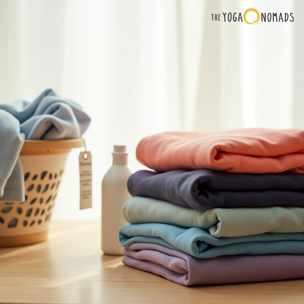 The image shows a neatly arranged stack of folded fabrics in various pastel colors, including peach, purple, light green, light blue, and lavender, placed on a wooden surface. To the left, there is a basket containing more fabric, and a small bottle is positioned between the basket and the stack of fabrics. A tag is hanging from the basket.